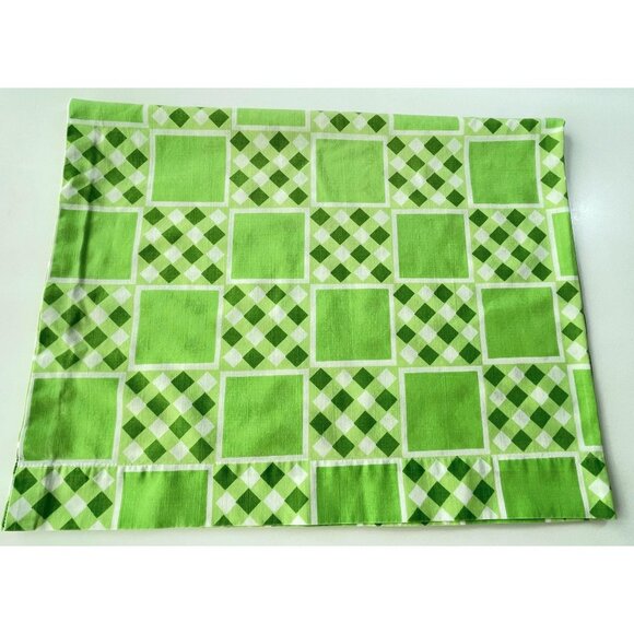 Vintage 70s single pillowcase, green geometric checkered, TruPrest - Picture 1 of 9